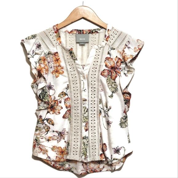 Anthropologie Maeve Floral Eyelet V Neck Short Sleeve Linen Blend Top Size XSP - Picture 2 of 16